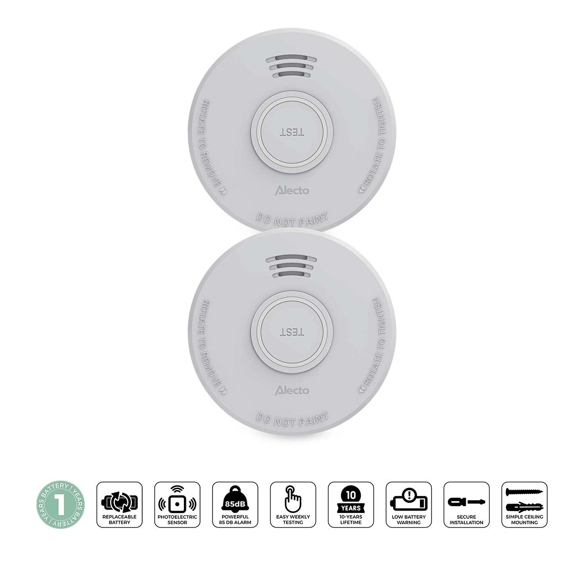 Smoke Alarm with Photoelectric Sensor, 1-Year Battery, 2-Pack
