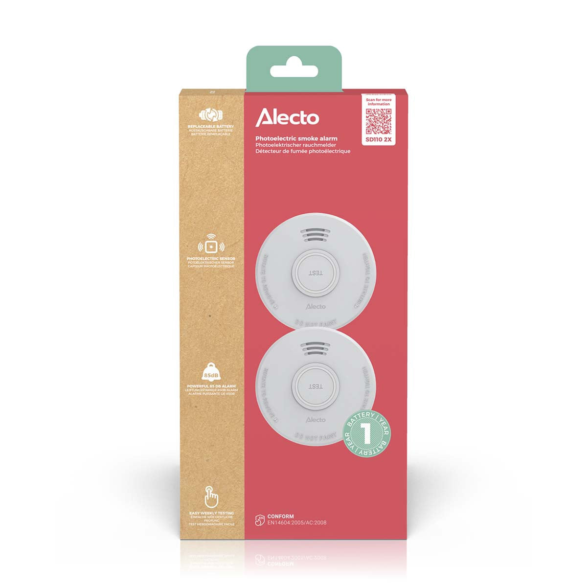 Smoke Alarm with Photoelectric Sensor, 1-Year Battery, 2-Pack