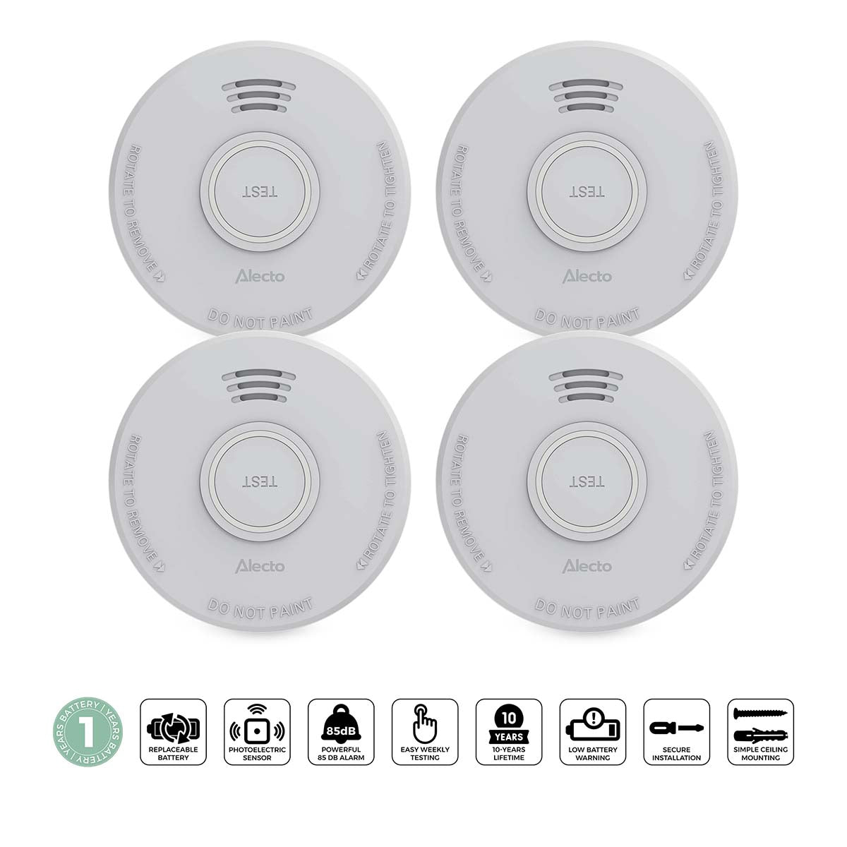 Smoke Alarm with Photoelectric Sensor, 4 Pack, White
