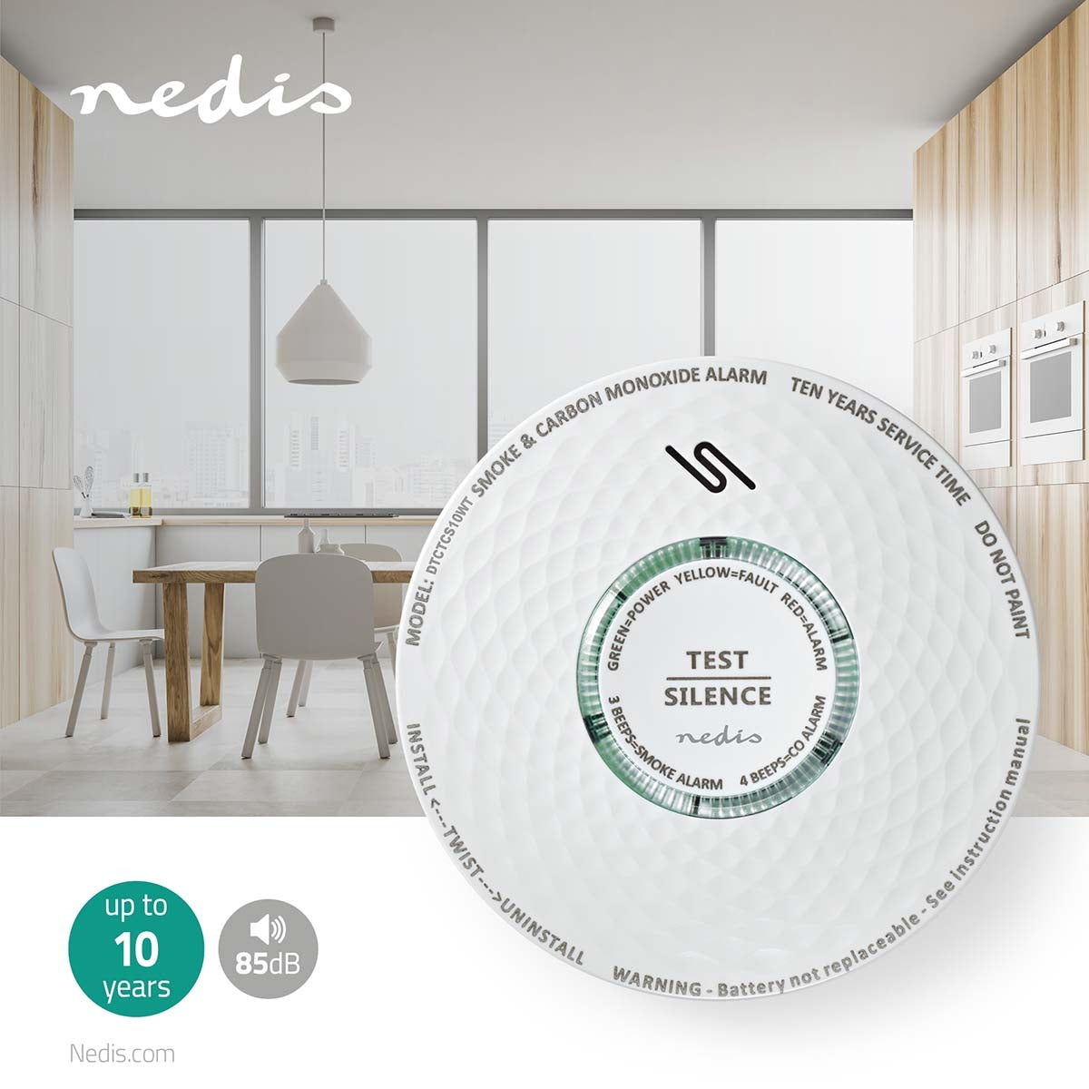 Smoke & Carbon Monoxide Alarm | Battery powered | Battery life up to: 10 years | EN 14604 | With test button | 85 dB| ABS | White
