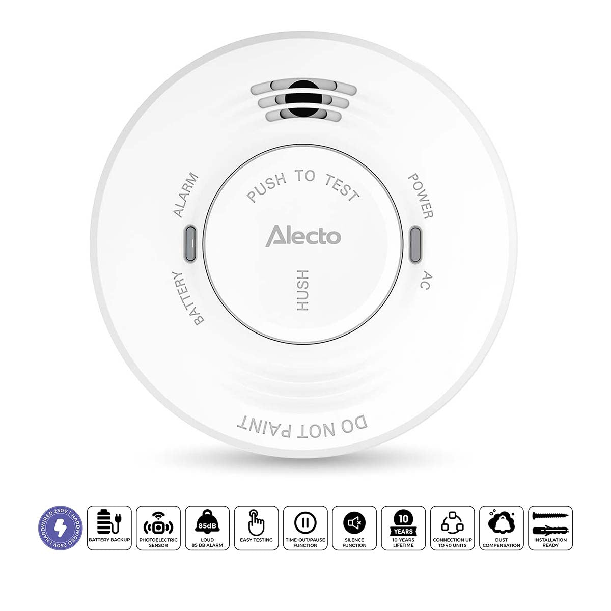 Smoke Detector 230V, 5-Year Battery Backup, White