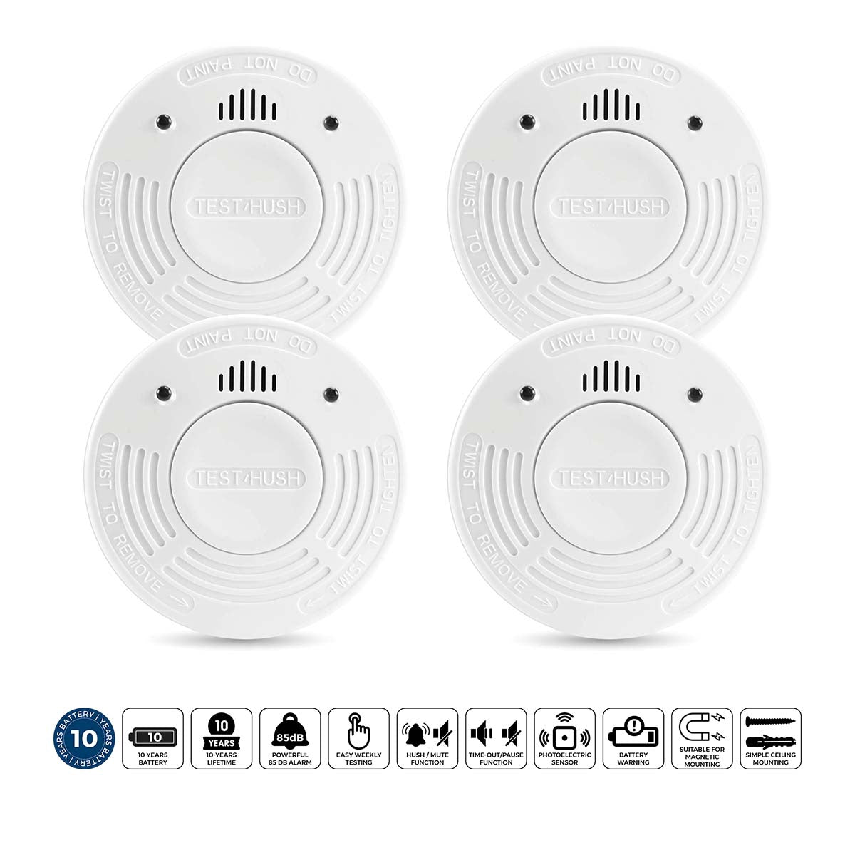 Smoke Detector 4-Pack, 10-Year Battery, White