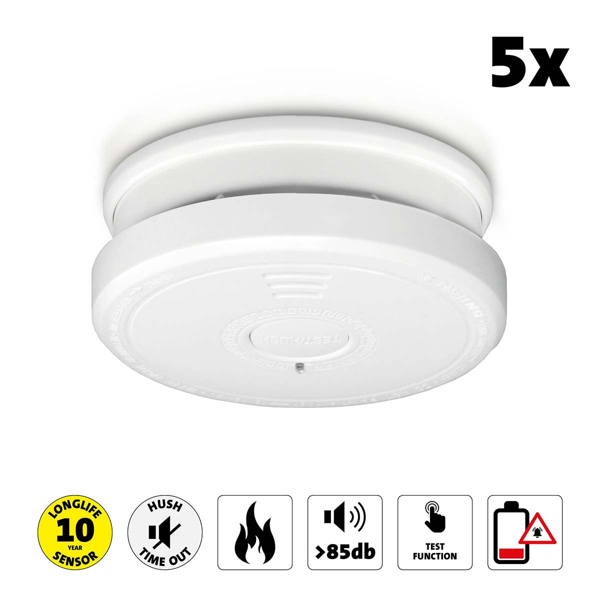 Smoke Detector 5-Pack with Hush Button – White