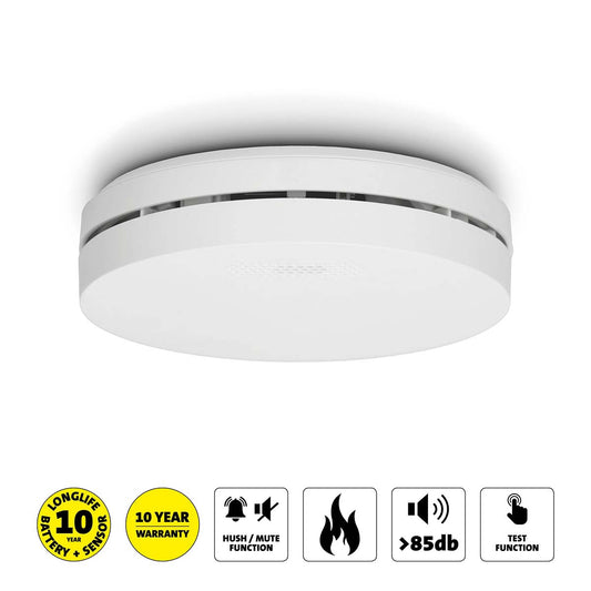 Smoke Detector with 10-Year Battery, White, Compact Design
