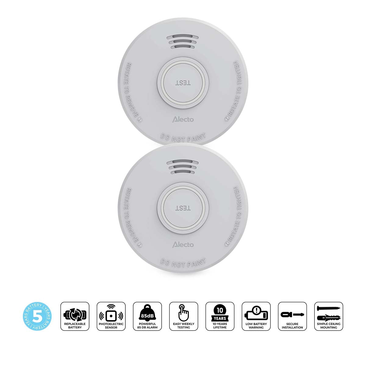 Smoke Detector with 5-Year Battery, 2 Pack