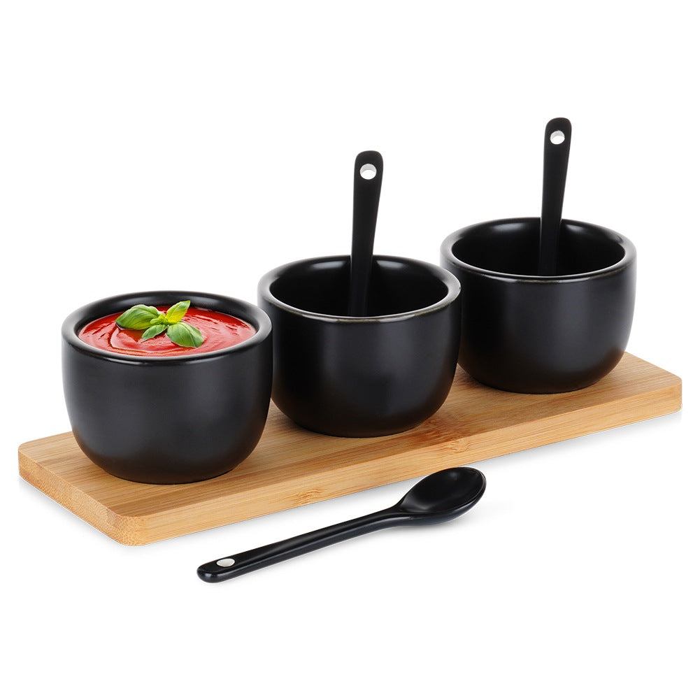 Snack bowls with spoons, ceramic, black, 90 ml, 7 pcs.