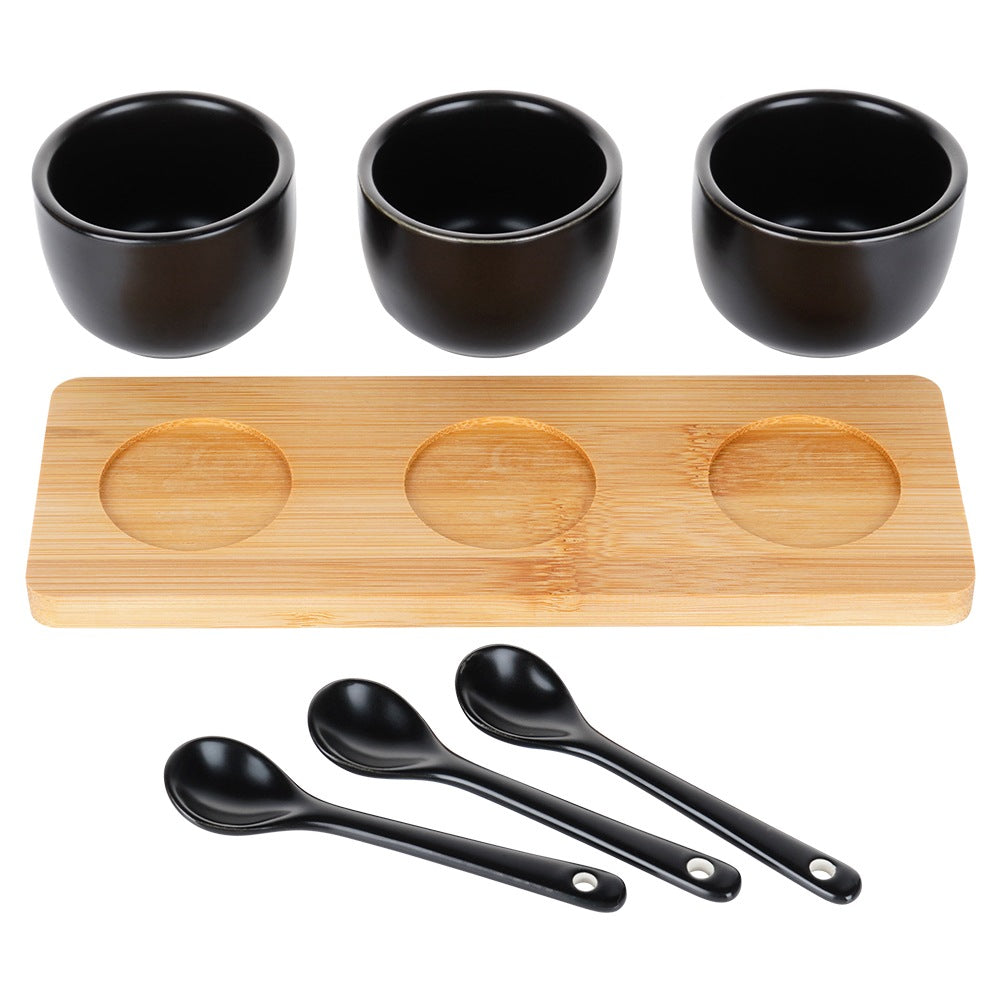 Snack bowls with spoons, ceramic, black, 90 ml, 7 pcs.