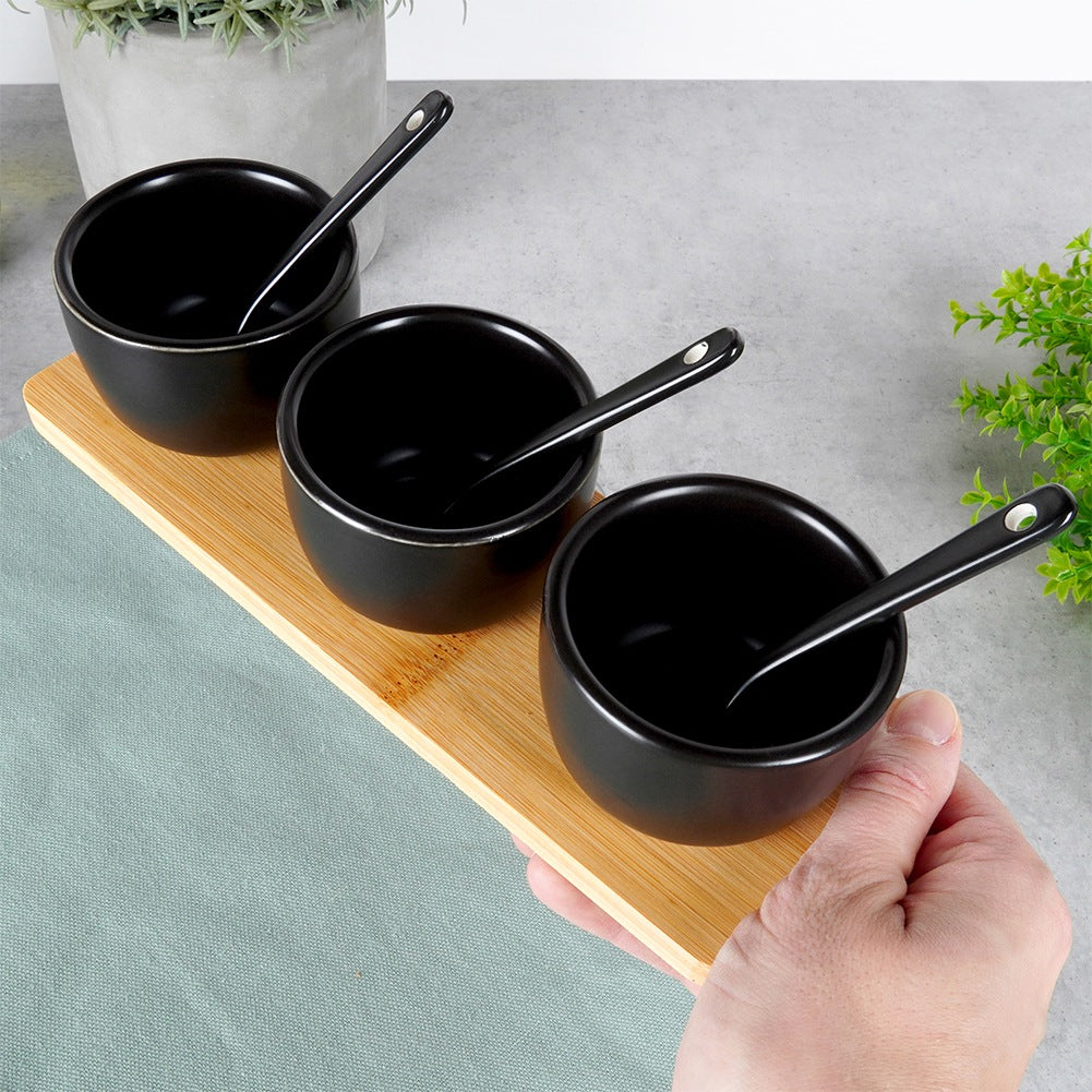 Snack bowls with spoons, ceramic, black, 90 ml, 7 pcs.