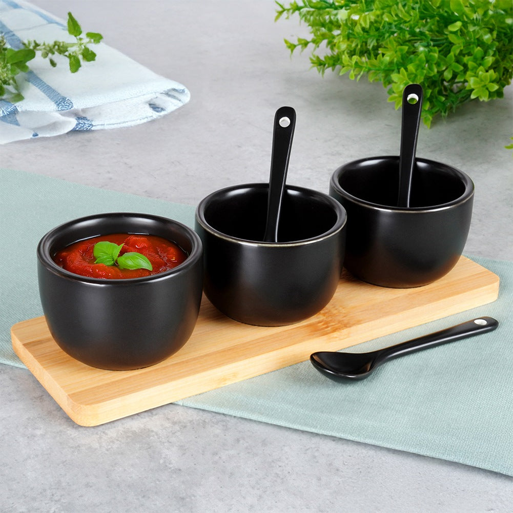 Snack bowls with spoons, ceramic, black, 90 ml, 7 pcs.