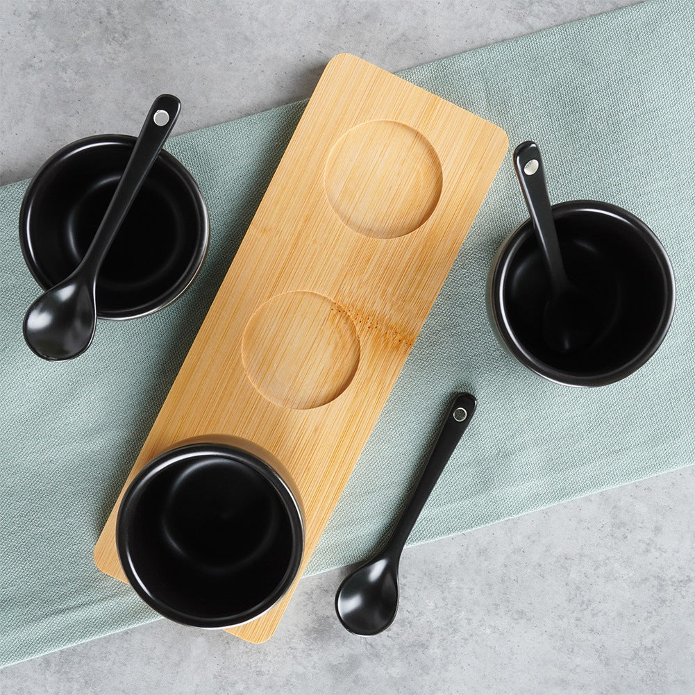 Snack bowls with spoons, ceramic, black, 90 ml, 7 pcs.