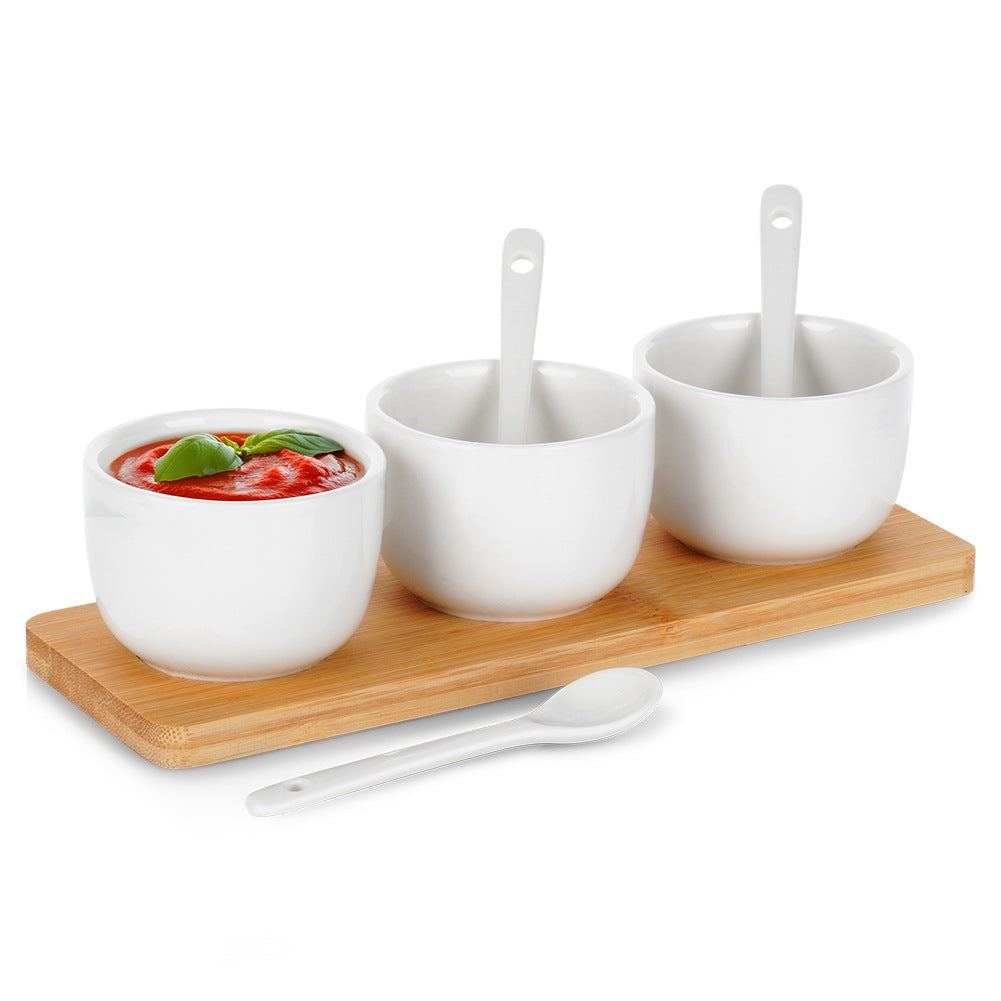 Snack bowls with spoons, ceramic, white, 90 ml, 7 pcs.