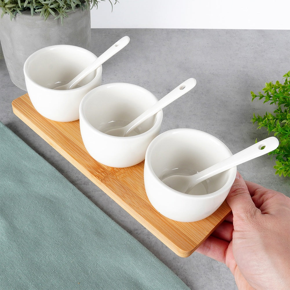 Snack bowls with spoons, ceramic, white, 90 ml, 7 pcs.