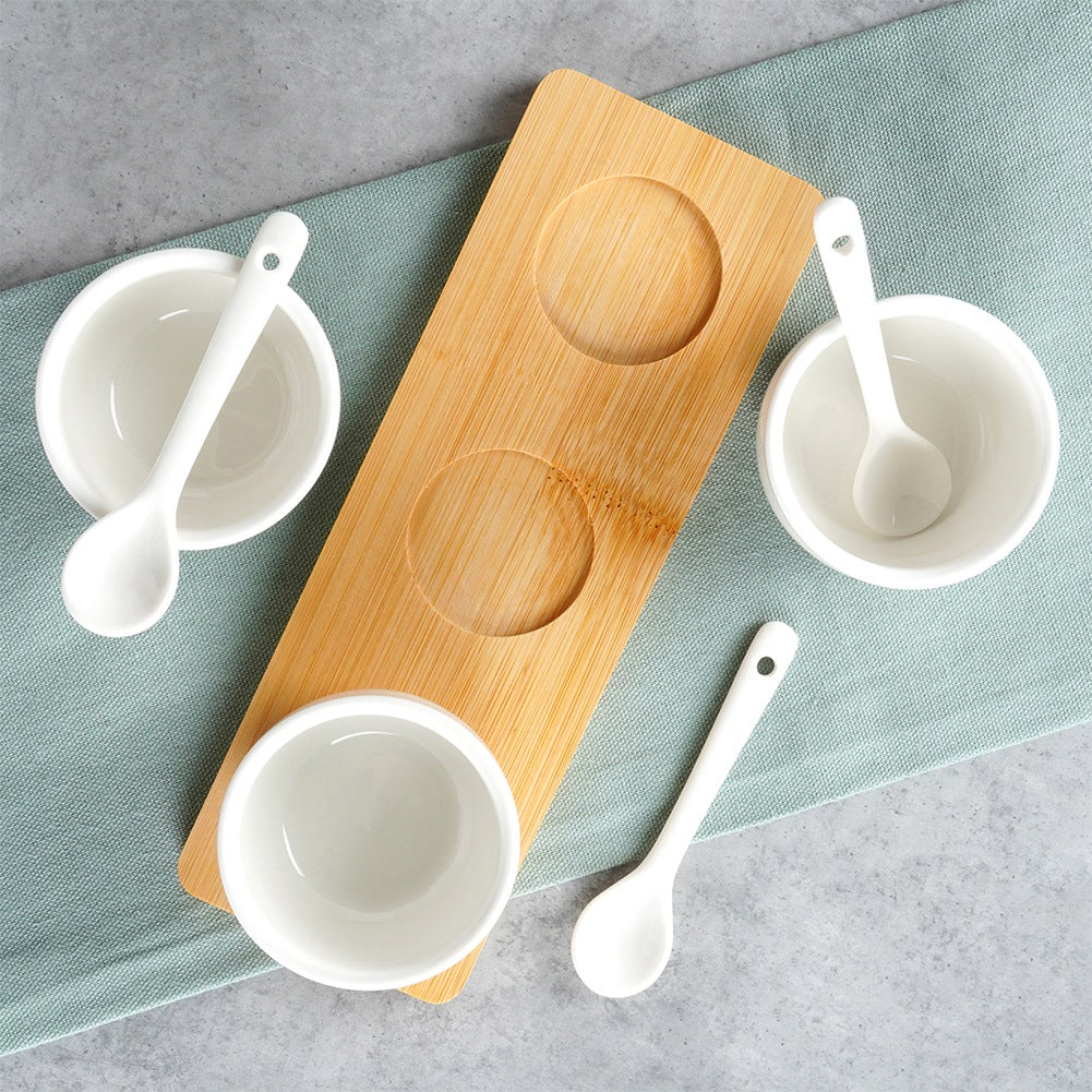 Snack bowls with spoons, ceramic, white, 90 ml, 7 pcs.