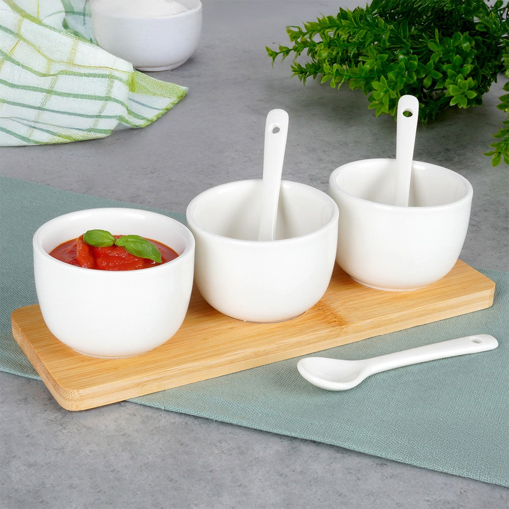 Snack bowls with spoons, ceramic, white, 90 ml, 7 pcs.