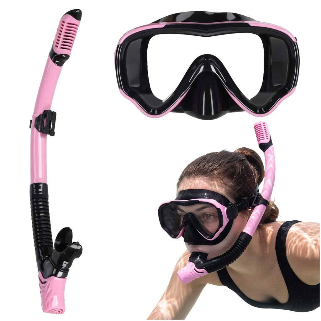 Snorkeling Set, Panoramic Mask and Dry Snorkel, Pink-Black