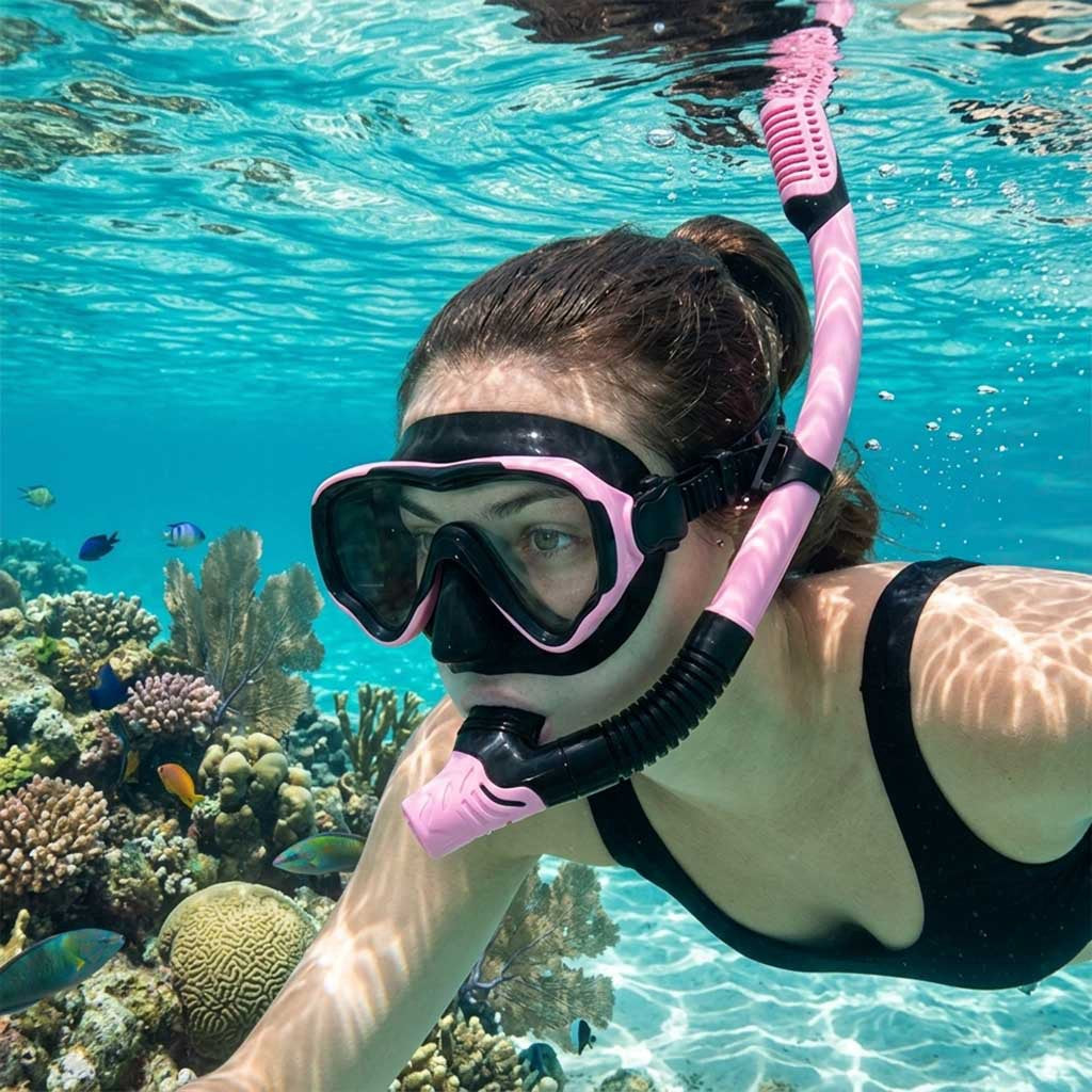 Snorkeling Set, Panoramic Mask and Dry Snorkel, Pink-Black