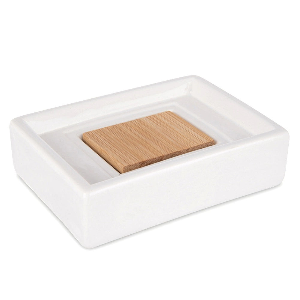 Soap Dish, Dolomite & Bamboo, White, 11x8x3 cm