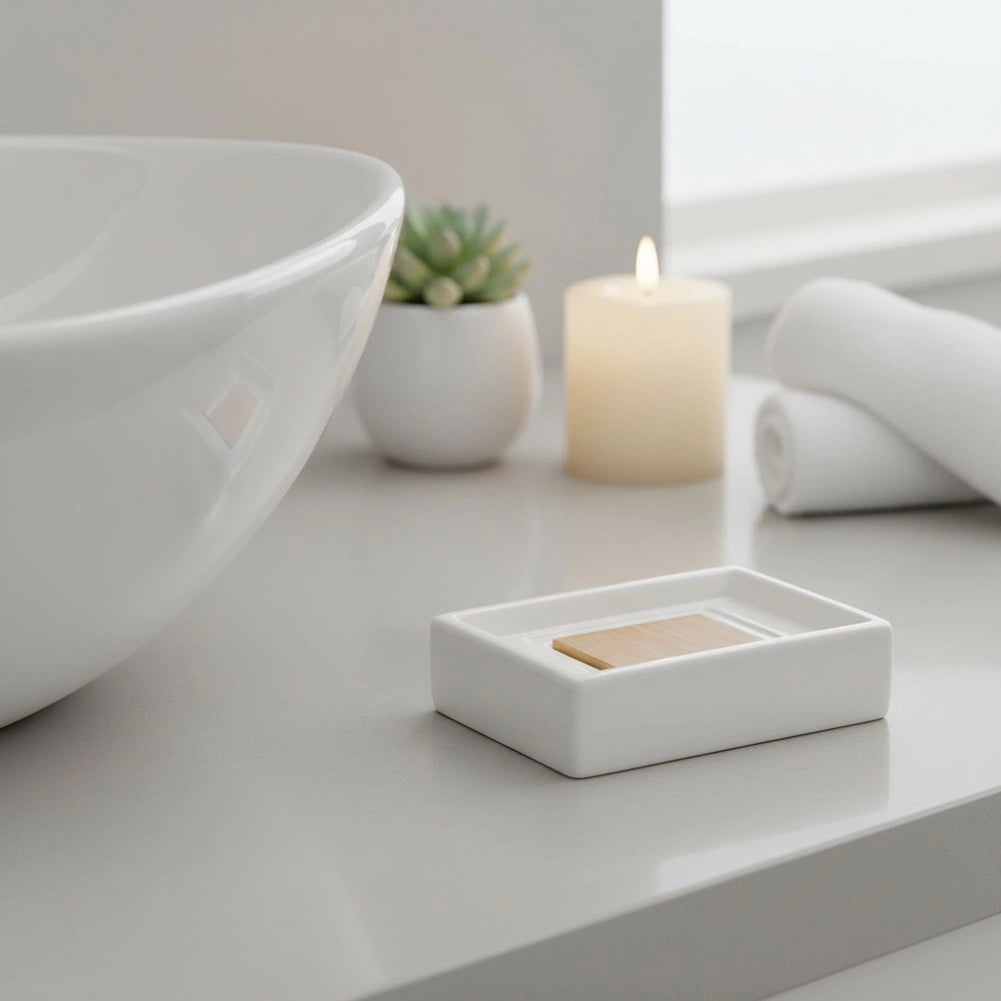 Soap Dish, Dolomite & Bamboo, White, 11x8x3 cm