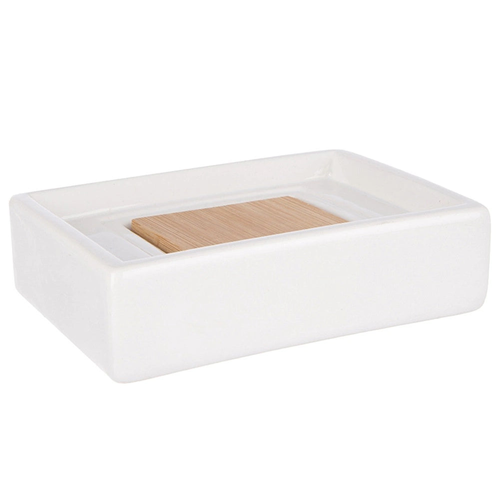 Soap Dish, Dolomite & Bamboo, White, 11x8x3 cm