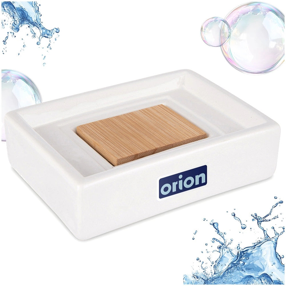 Soap Dish, Dolomite & Bamboo, White, 11x8x3 cm