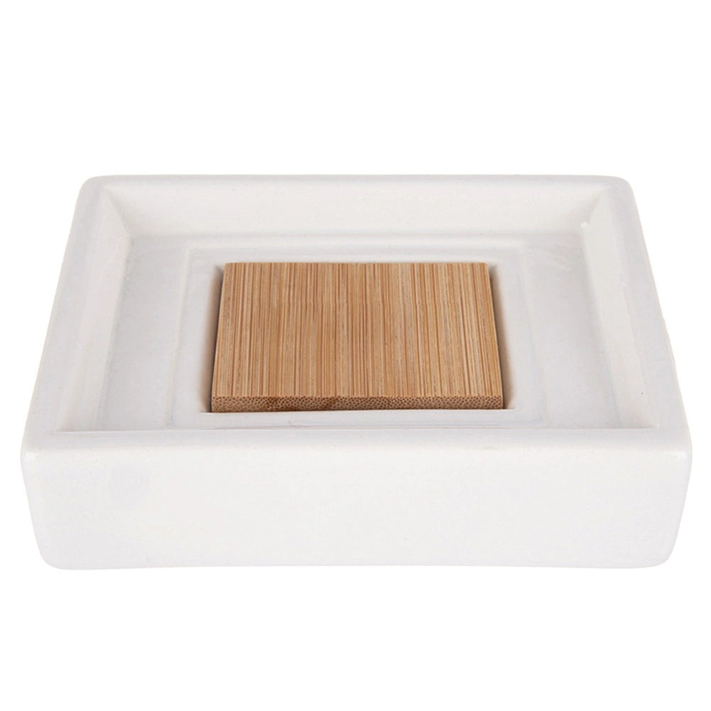 Soap Dish, Dolomite & Bamboo, White, 11x8x3 cm