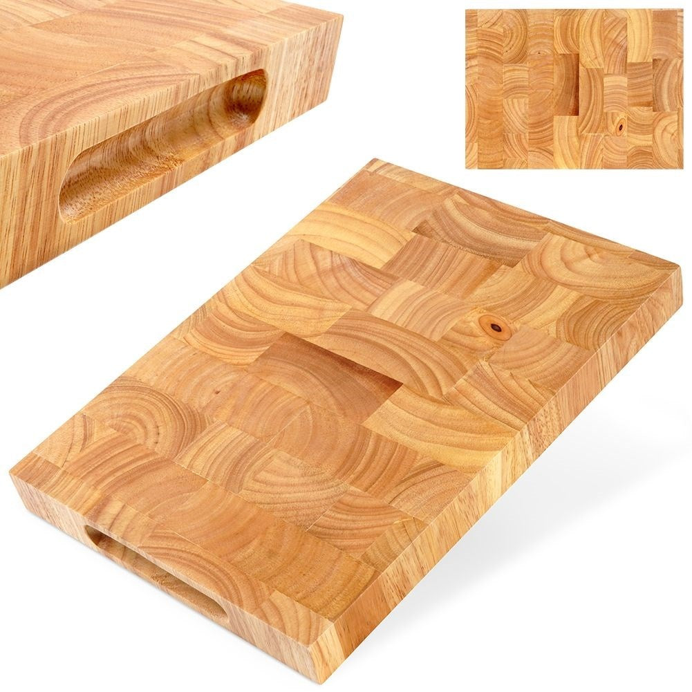 Solid wooden cutting board with recesses for easy handling