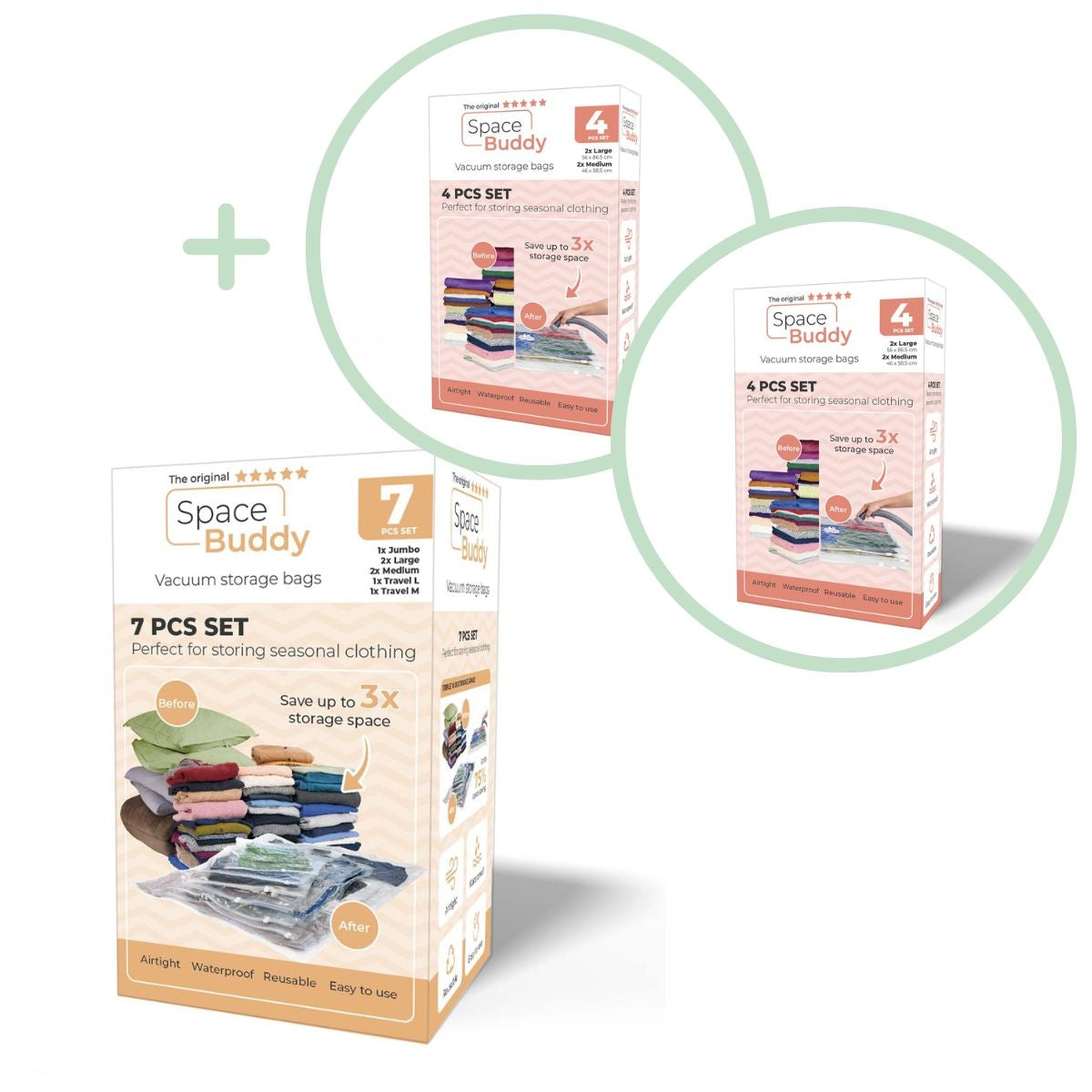 Space Buddy - Vacuum Storage Bags - 7 pcs set + 2x 4 pcs set