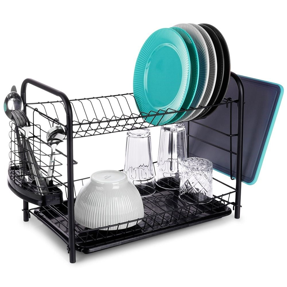 Space-saving black dish rack with drip tray