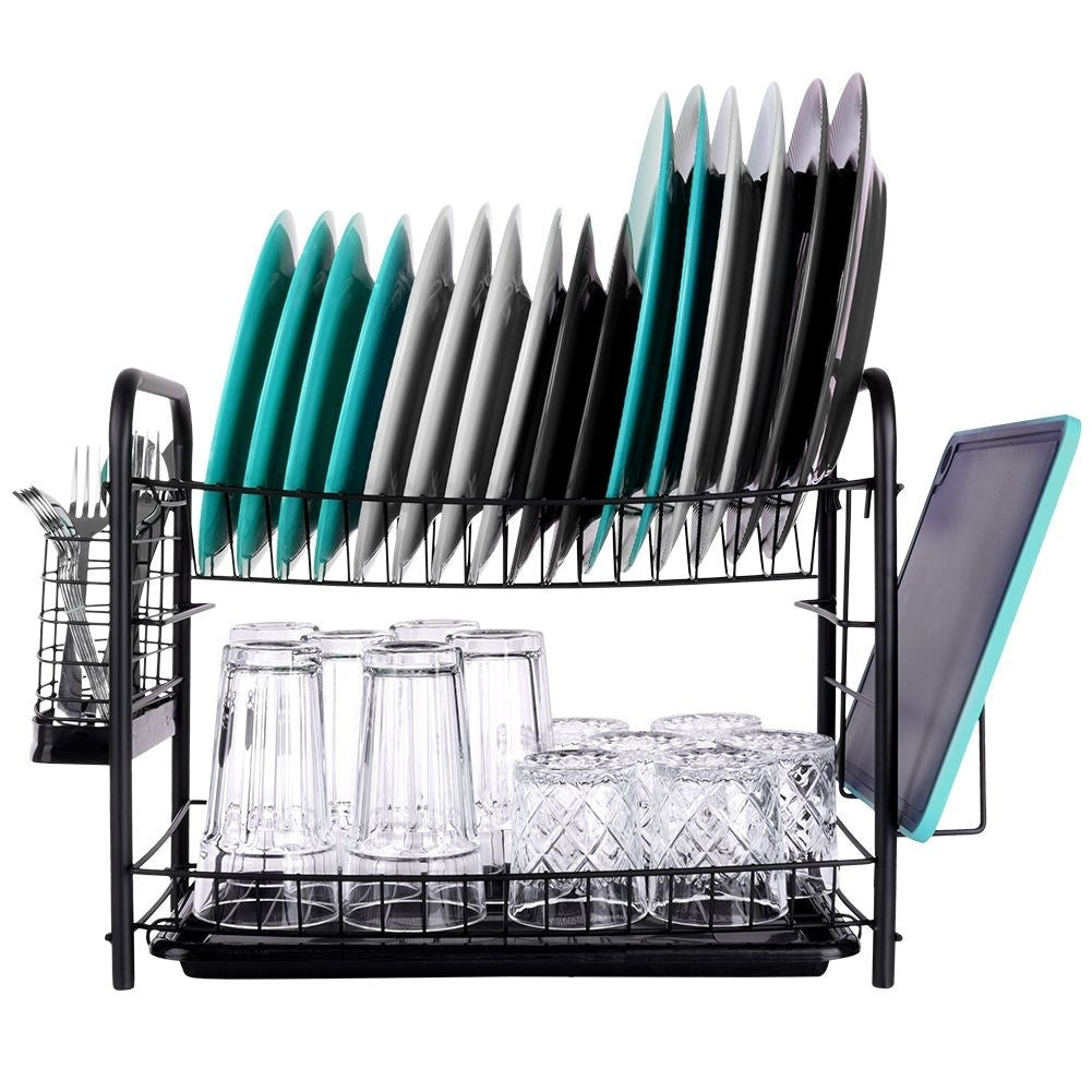 Space-saving black dish rack with drip tray