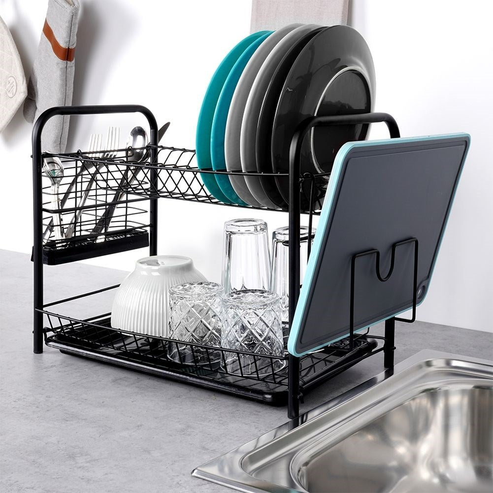 Space-saving black dish rack with drip tray