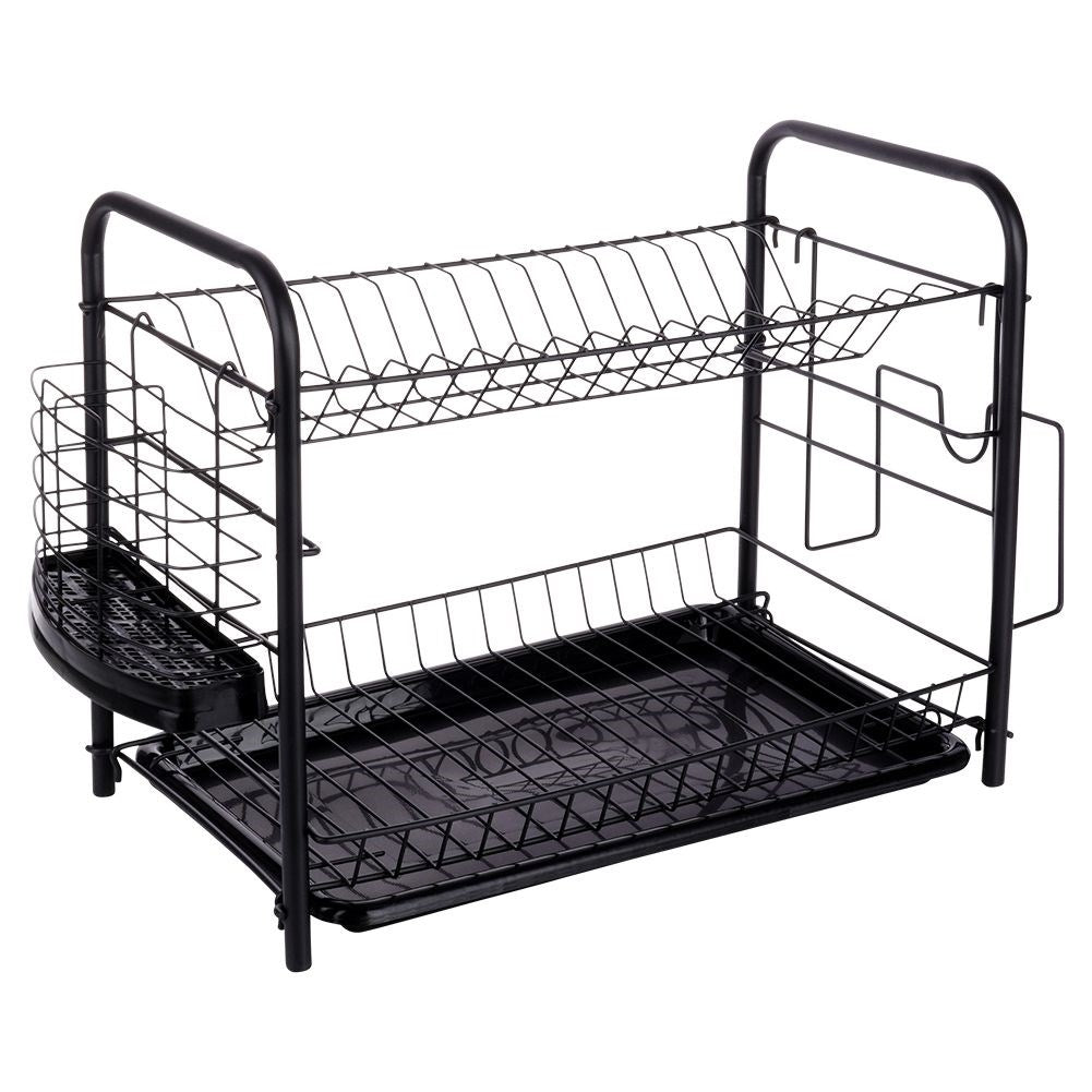 Space-saving black dish rack with drip tray