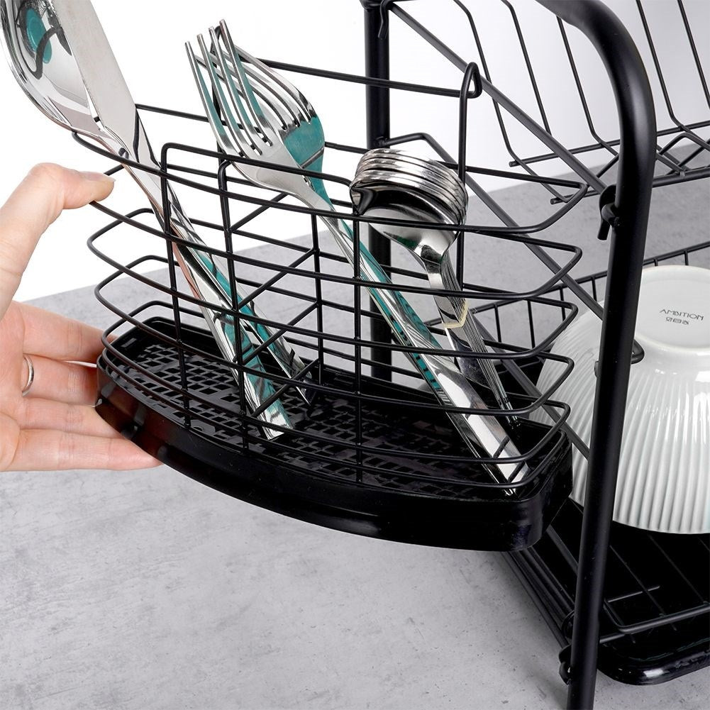 Space-saving black dish rack with drip tray