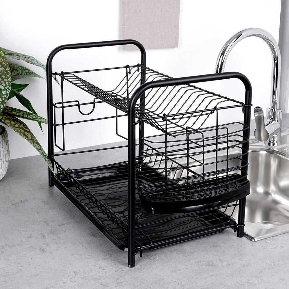 Space-saving black dish rack with drip tray