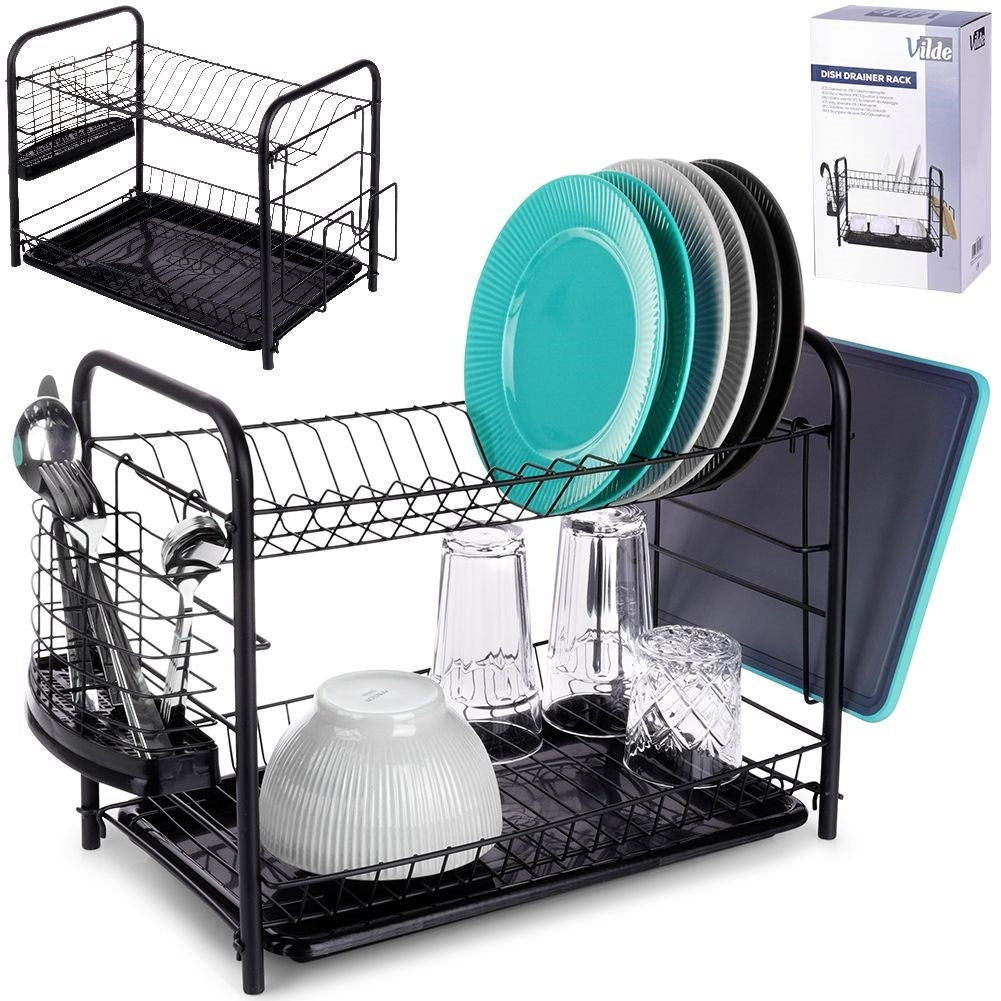 Space-saving black dish rack with drip tray