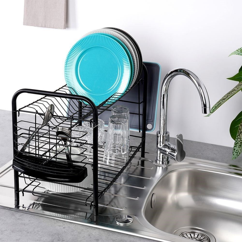 Space-saving black dish rack with drip tray