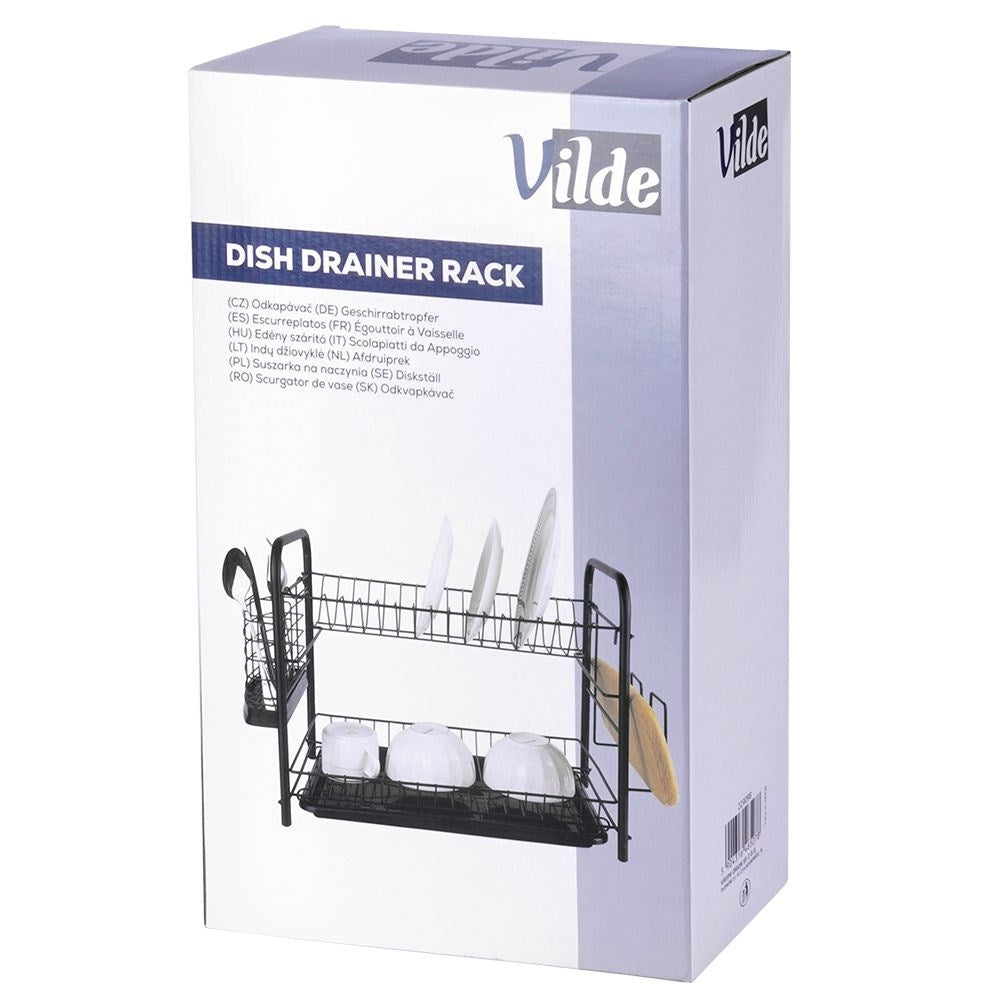 Space-saving black dish rack with drip tray