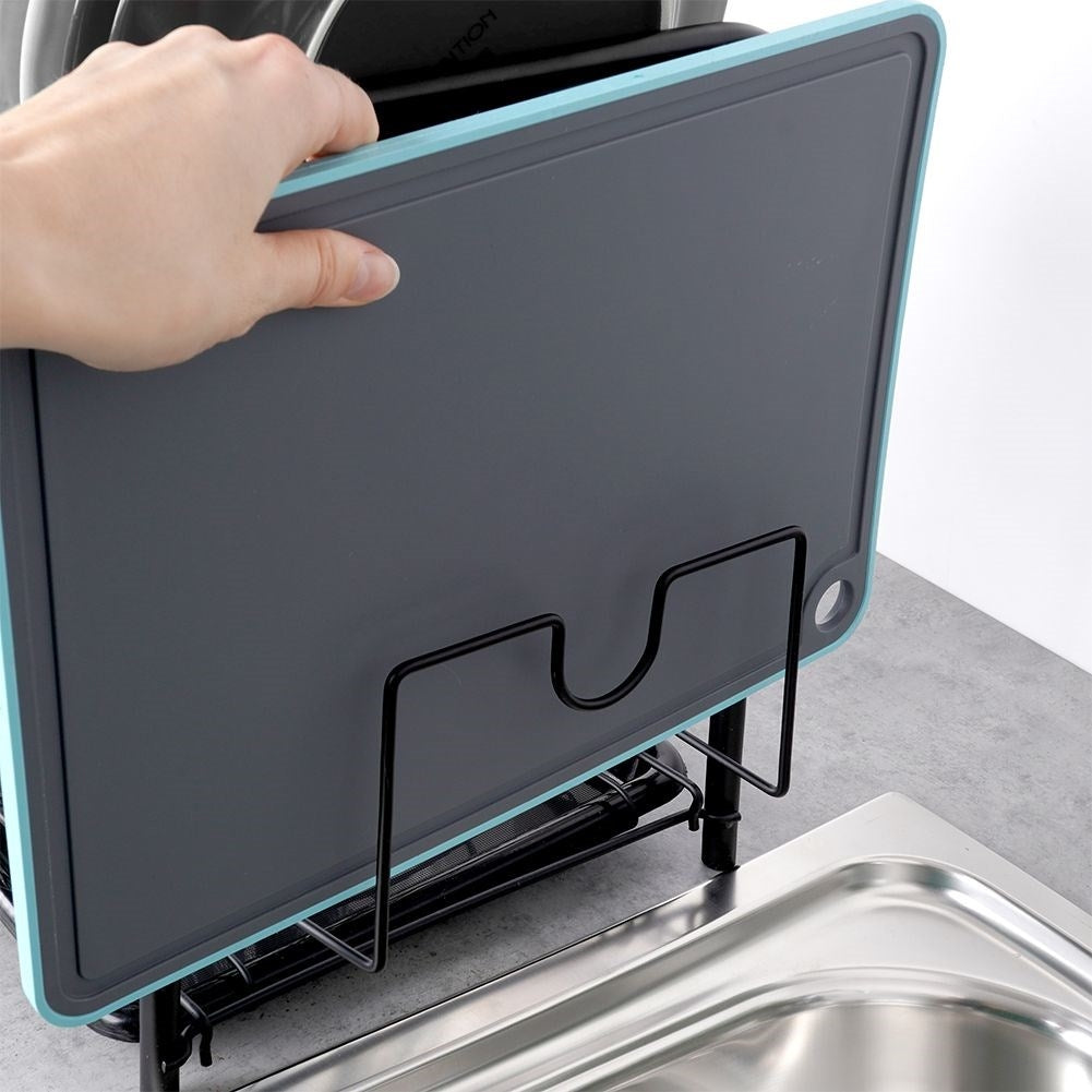 Space-saving black dish rack with drip tray