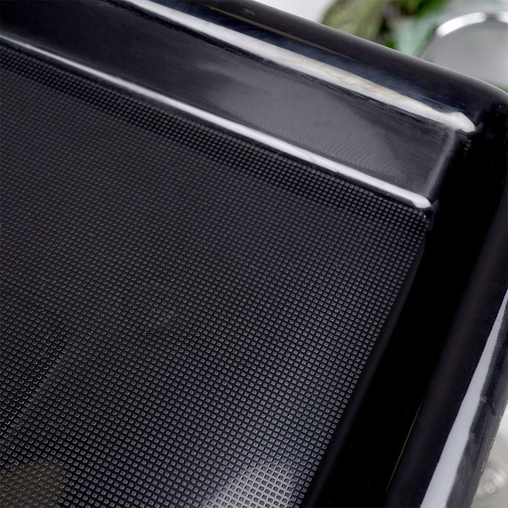 Space-saving black dish rack with drip tray