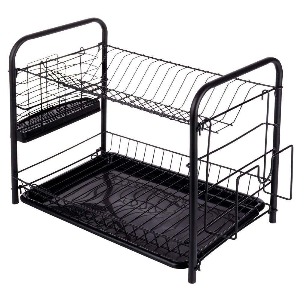 Space-saving black dish rack with drip tray
