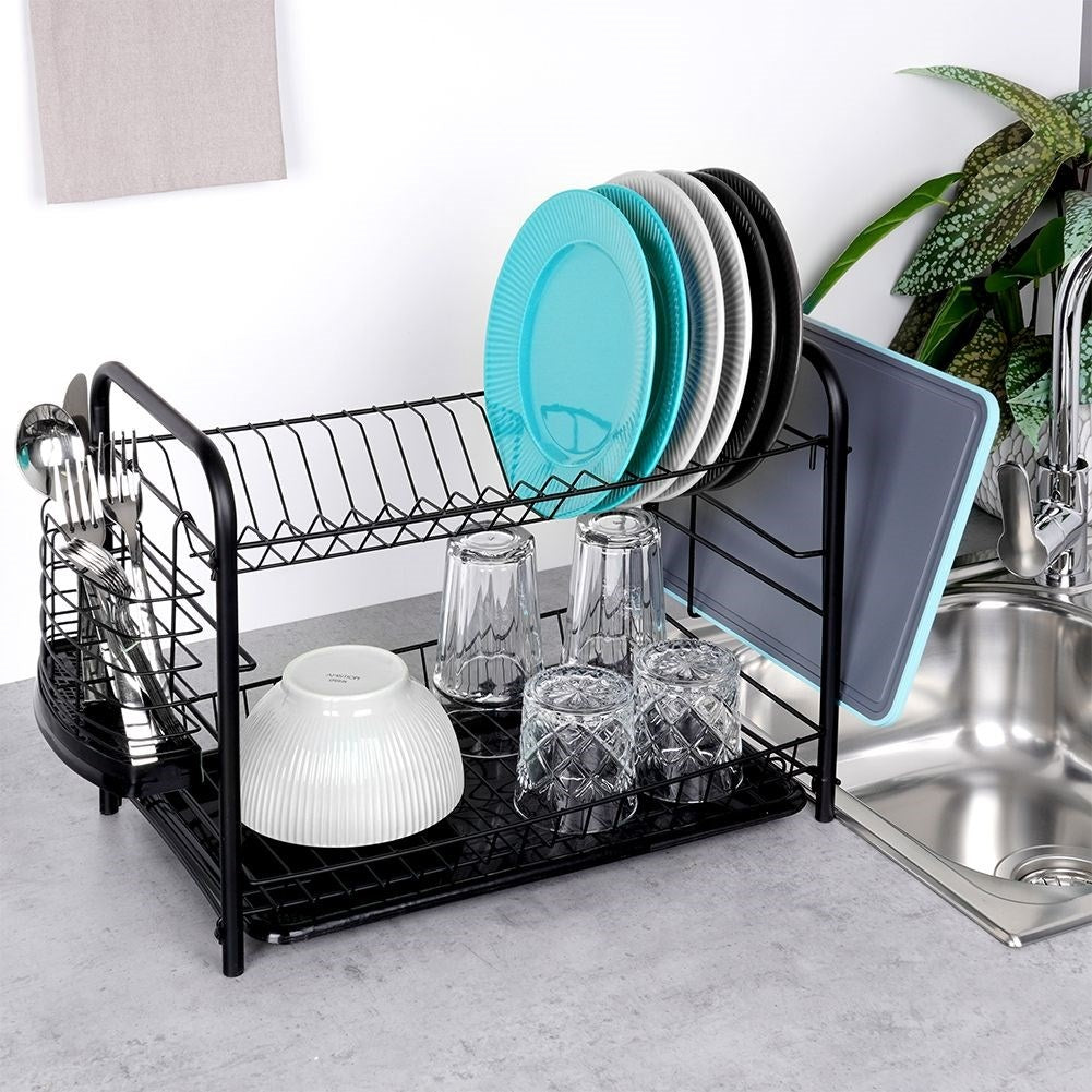 Space-saving black dish rack with drip tray