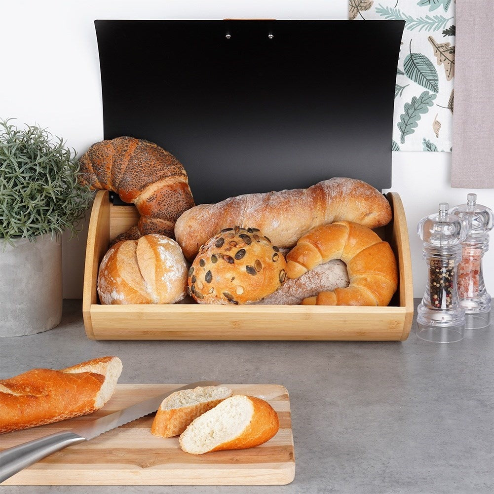 Spacious Bread Box in Bamboo and Black Metal