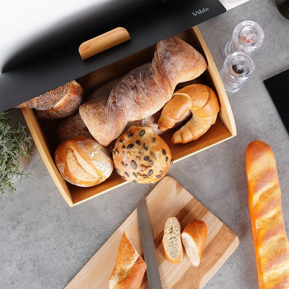 Spacious Bread Box in Bamboo and Black Metal