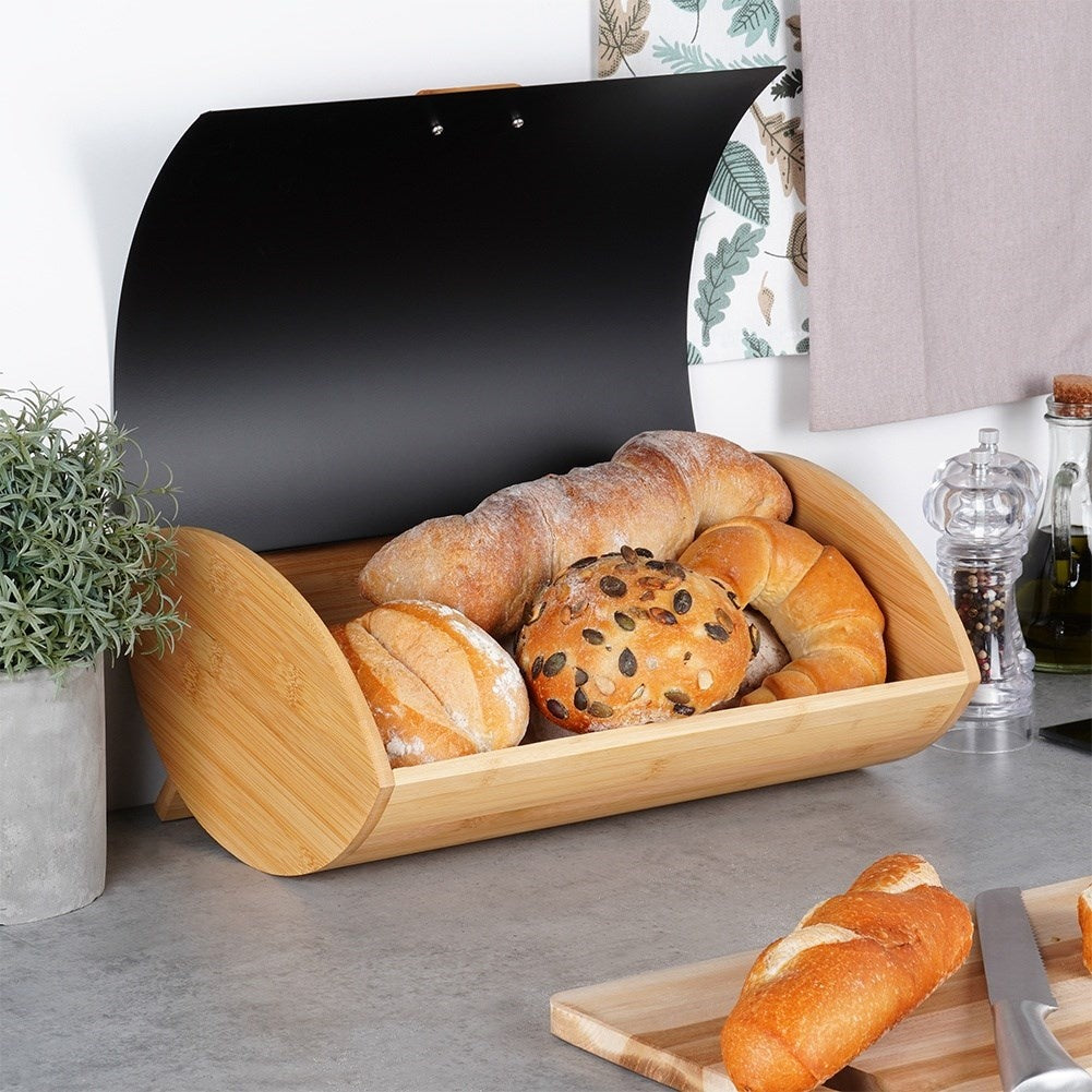 Spacious Bread Box in Bamboo and Black Metal