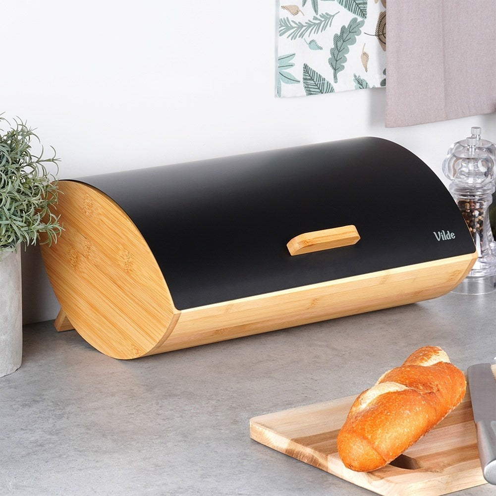 Spacious Bread Box in Bamboo and Black Metal