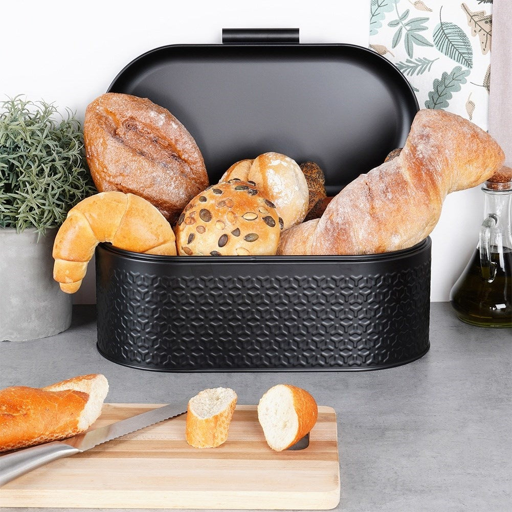 Spacious and stylish bread box in black steel for fresh bread