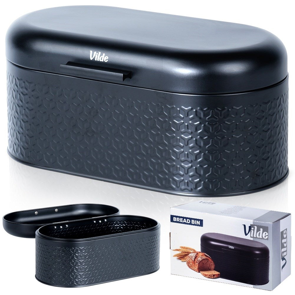 Spacious and stylish bread box in black steel for fresh bread