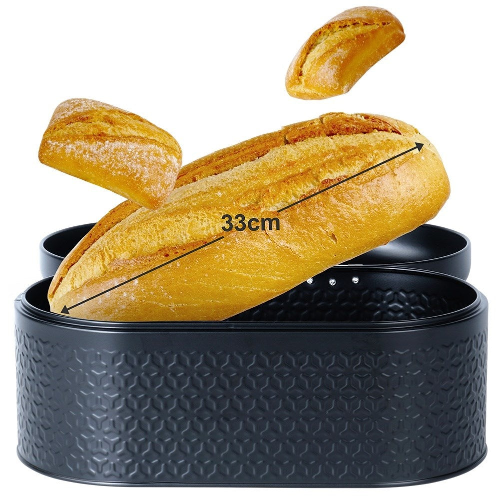 Spacious and stylish bread box in black steel for fresh bread
