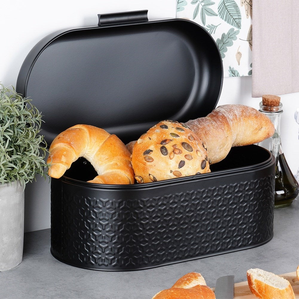 Spacious and stylish bread box in black steel for fresh bread