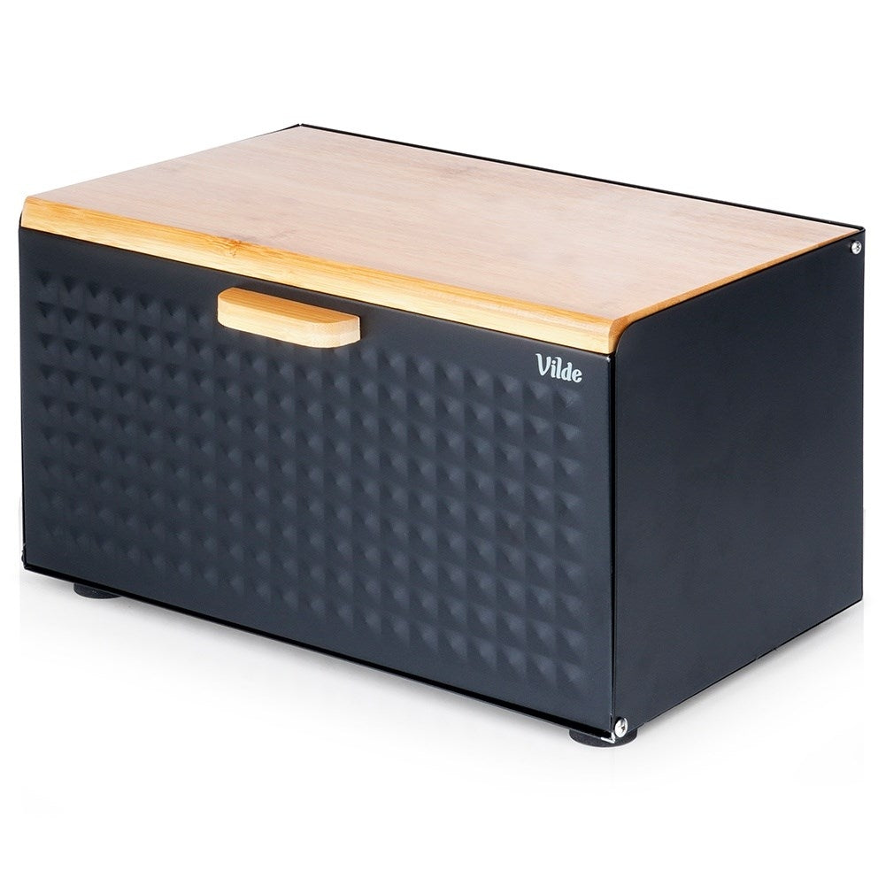Spacious black bread box in wood and metal, opens from the front and top