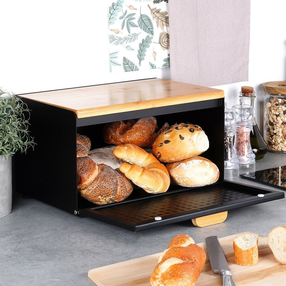 Spacious black bread box in wood and metal, opens from the front and top